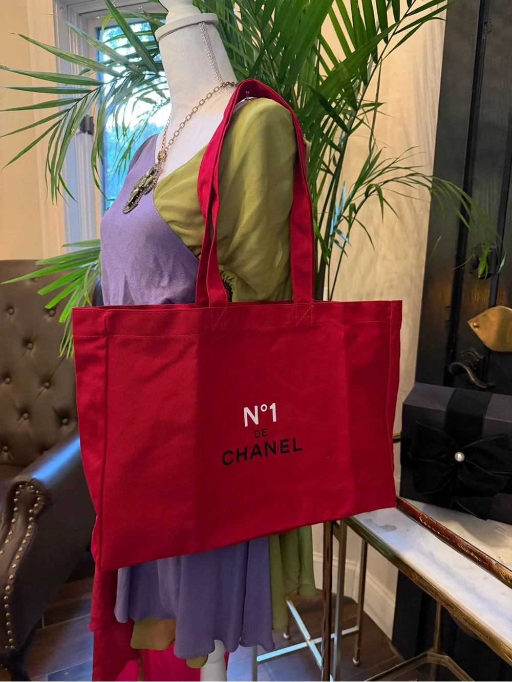 Authentic CHANEL VIP Extra Large Red Canvas Tote Overnight Travel Beach Bag NEW